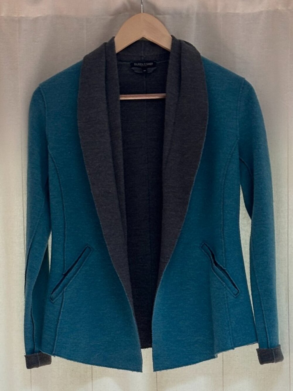 Eileen Fisher Petite PP Merino Wool Open Front Cardigan Jacket Teal Gray